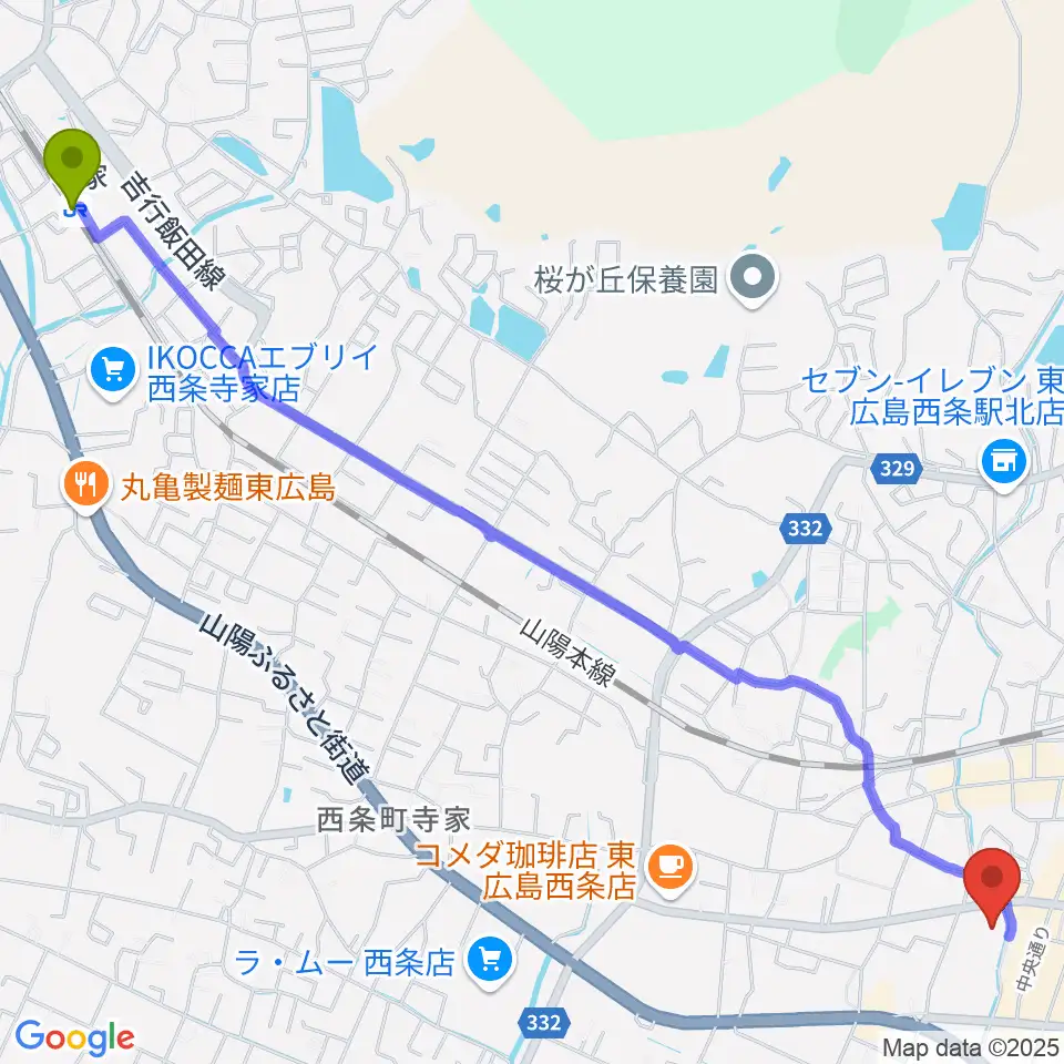 寺家駅から東広島市市民文化センターへのルートマップ地図