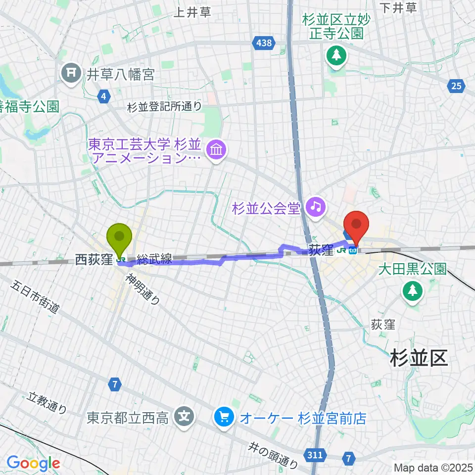 西荻窪駅からよみうりカルチャー荻窪へのルートマップ地図