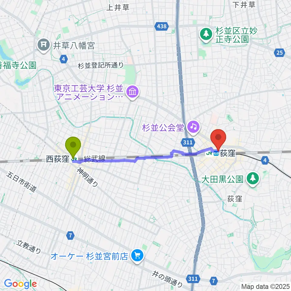 西荻窪駅からよみうりカルチャー荻窪へのルートマップ地図