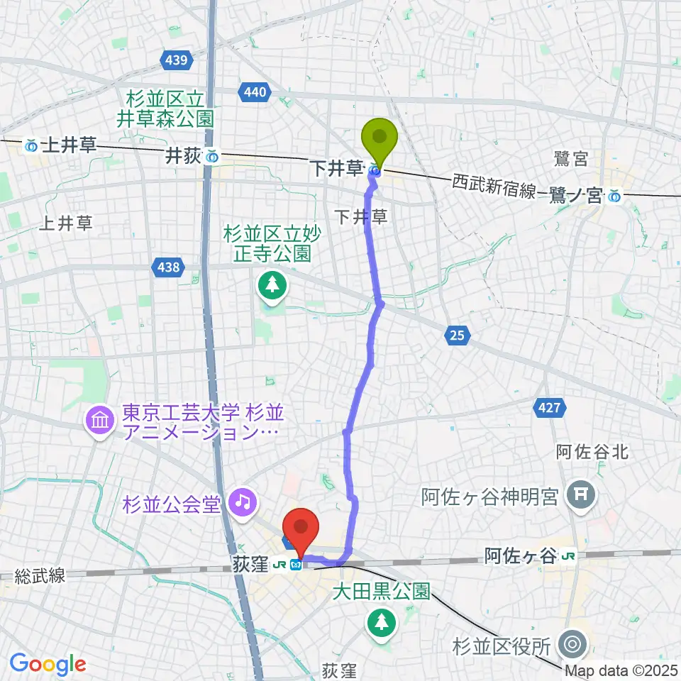下井草駅からよみうりカルチャー荻窪へのルートマップ地図
