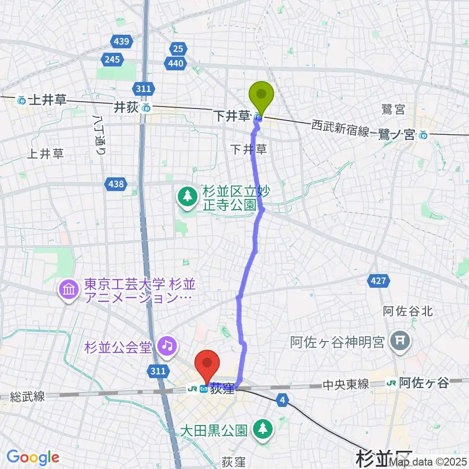下井草駅からよみうりカルチャー荻窪へのルートマップ地図