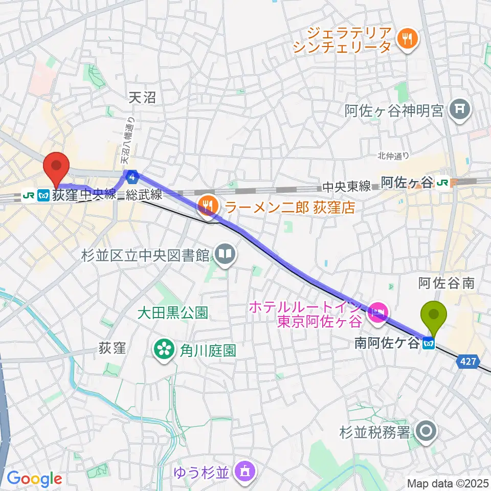 南阿佐ケ谷駅からよみうりカルチャー荻窪へのルートマップ地図