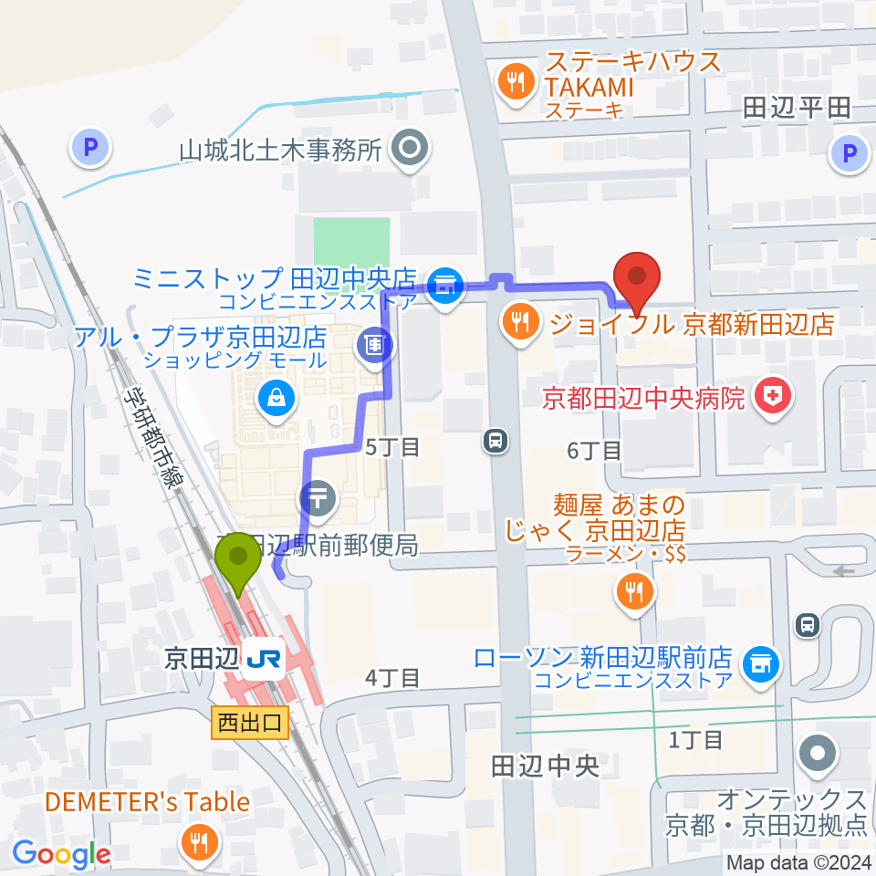 中川ミュージックスクールの最寄駅京田辺駅からの徒歩ルート（約4分）地図