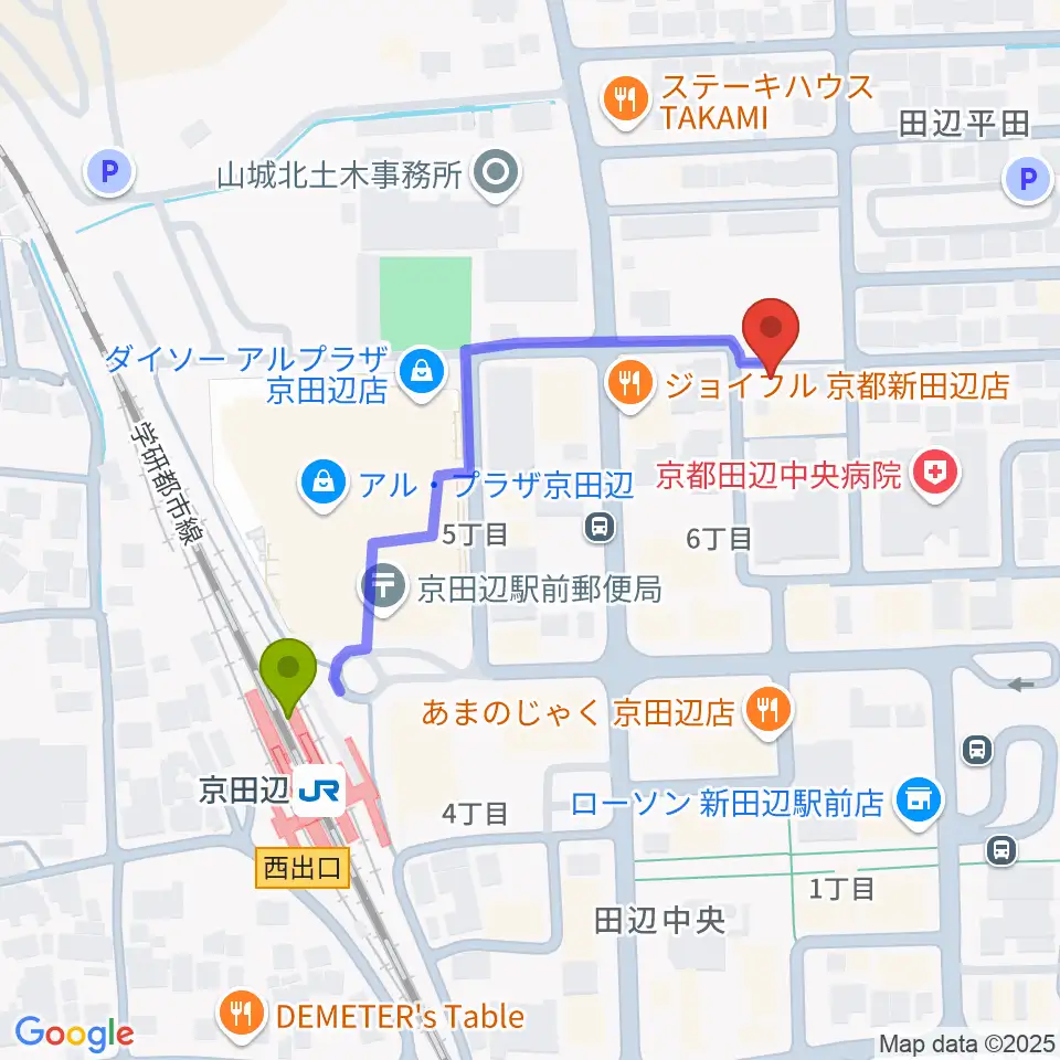 中川ミュージックスクールの最寄駅京田辺駅からの徒歩ルート（約4分）地図