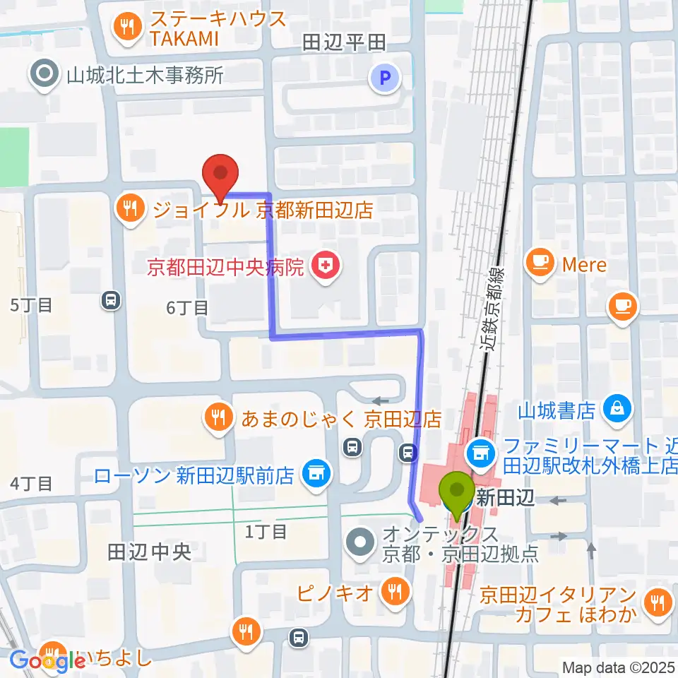新田辺駅から中川ミュージックスクールへのルートマップ地図