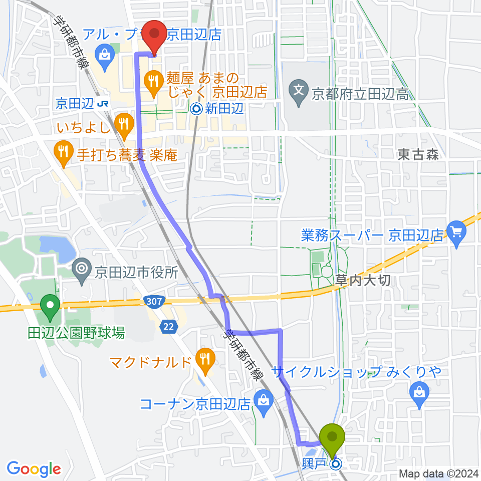 興戸駅から中川ミュージックスクールへのルートマップ地図