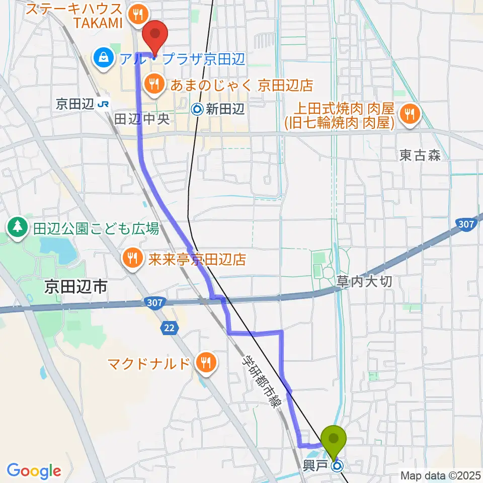 興戸駅から中川ミュージックスクールへのルートマップ地図