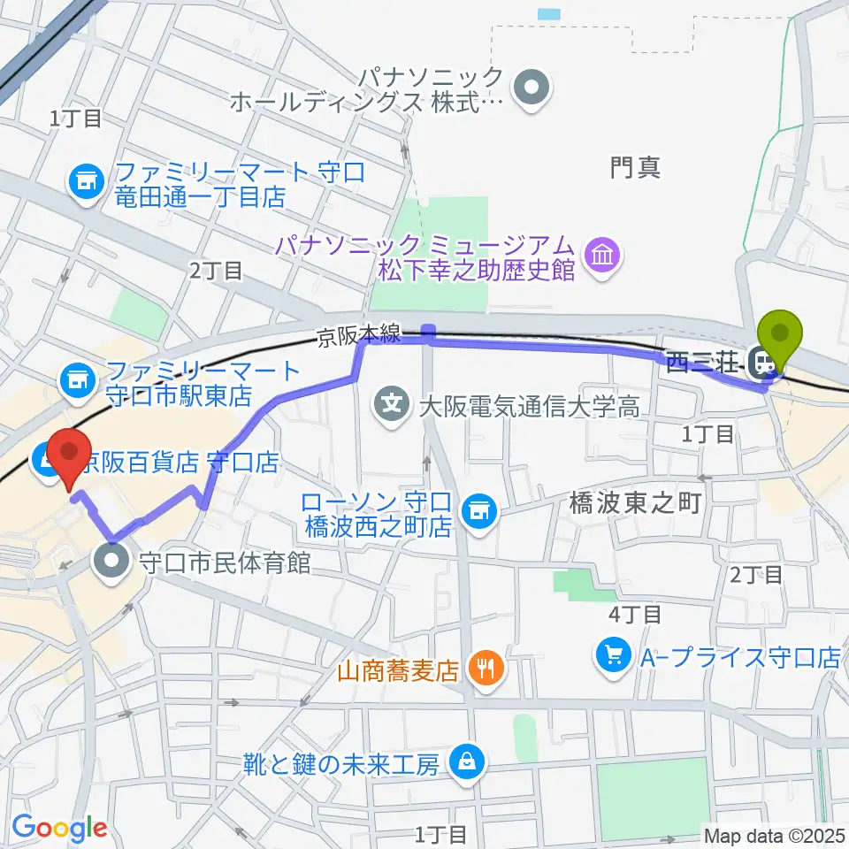 西三荘駅からNHK文化センター 守口教室へのルートマップ地図
