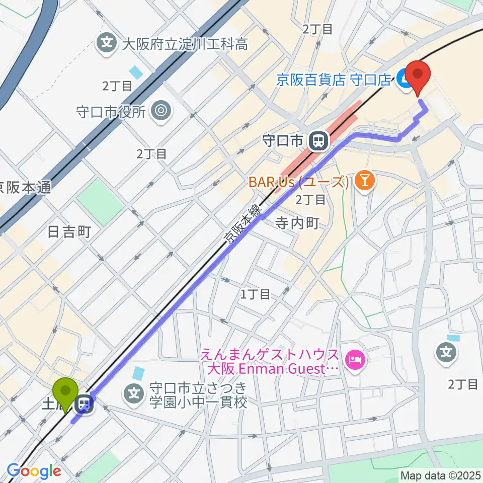 土居駅からNHK文化センター 守口教室へのルートマップ地図