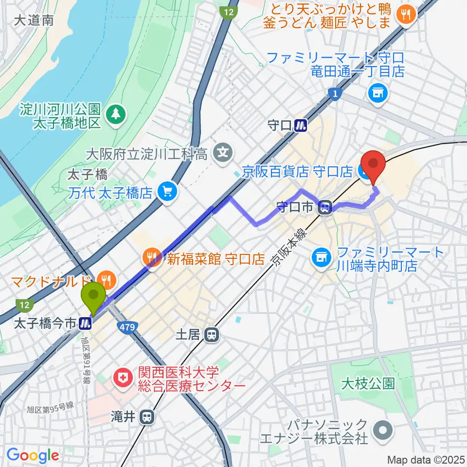 太子橋今市駅からNHK文化センター 守口教室へのルートマップ地図