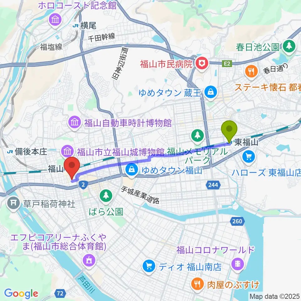 東福山駅から広島県民文化センターふくやまへのルートマップ地図
