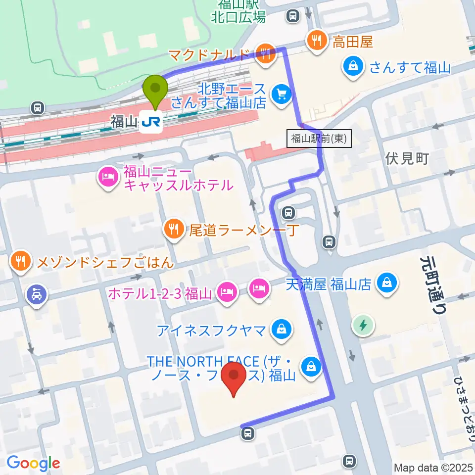 広島県民文化センターふくやまの最寄駅福山駅からの徒歩ルート（約5分）地図