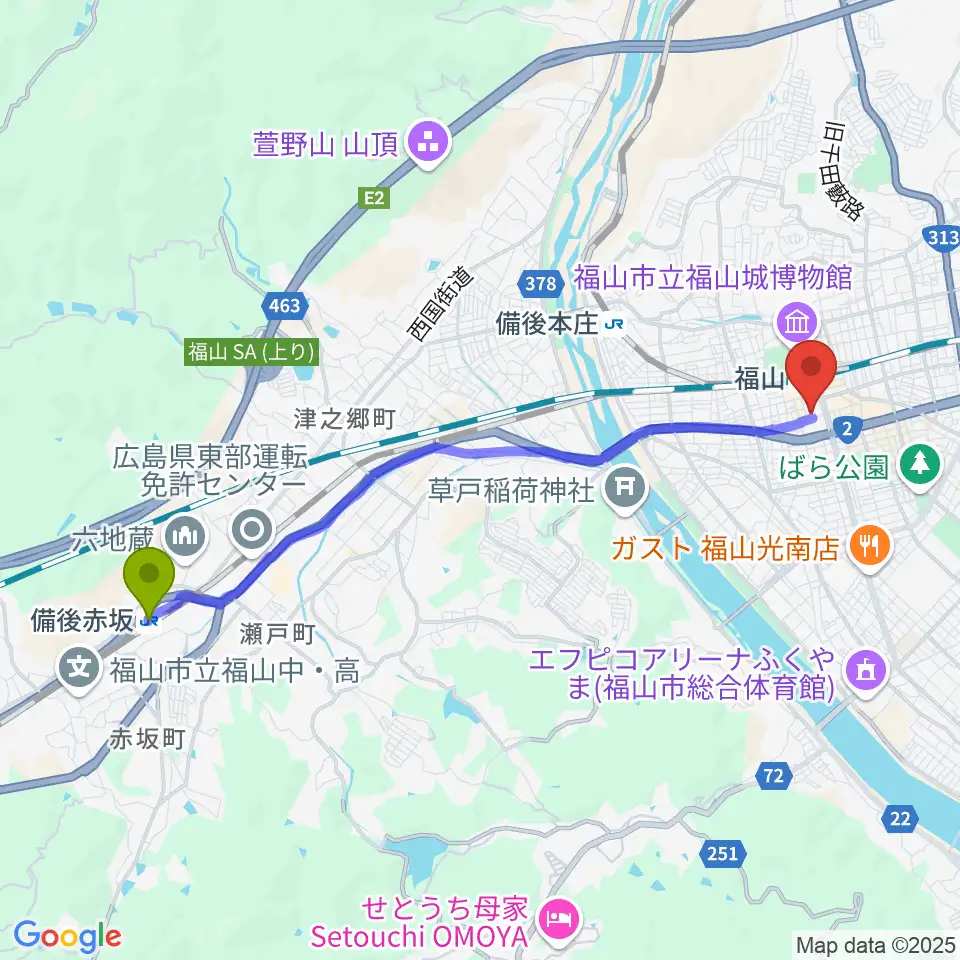 備後赤坂駅から広島県民文化センターふくやまへのルートマップ地図