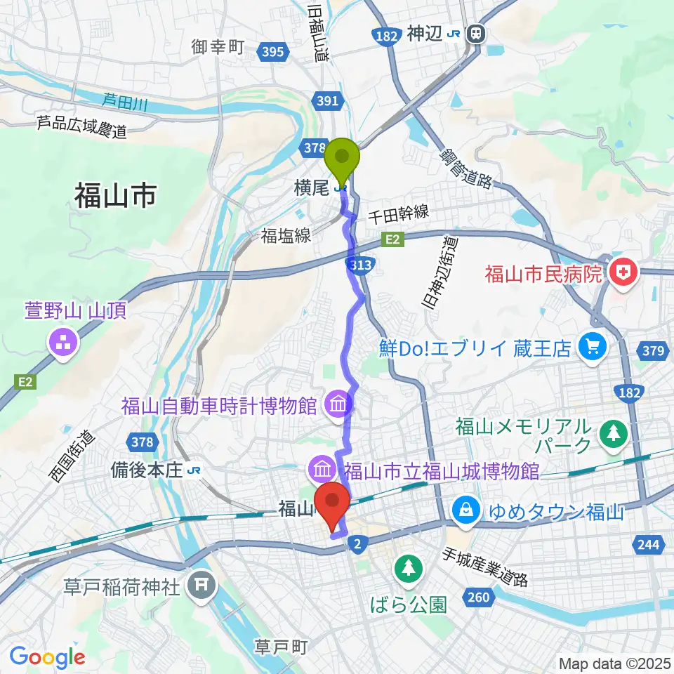 横尾駅から広島県民文化センターふくやまへのルートマップ地図