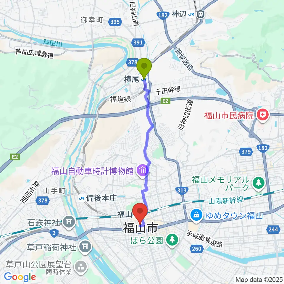 横尾駅から広島県民文化センターふくやまへのルートマップ地図