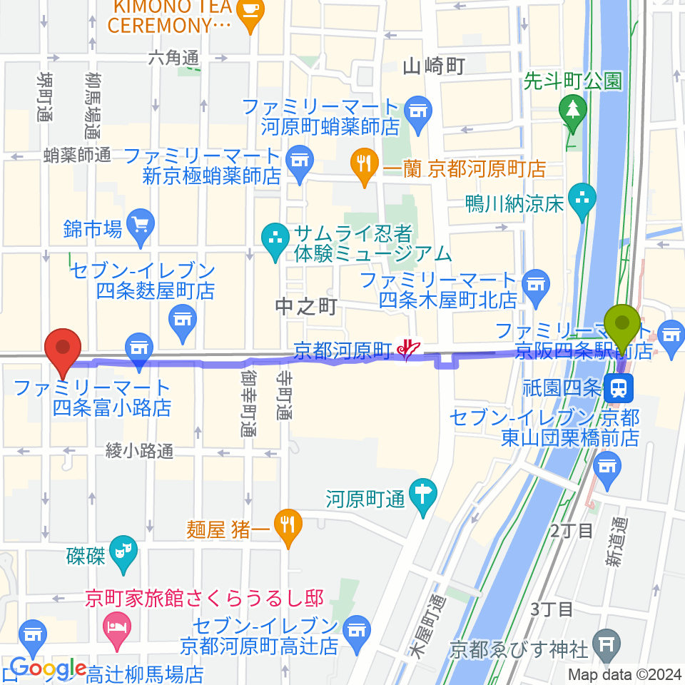 祇園四条駅からNHK文化センター京都教室へのルートマップ地図