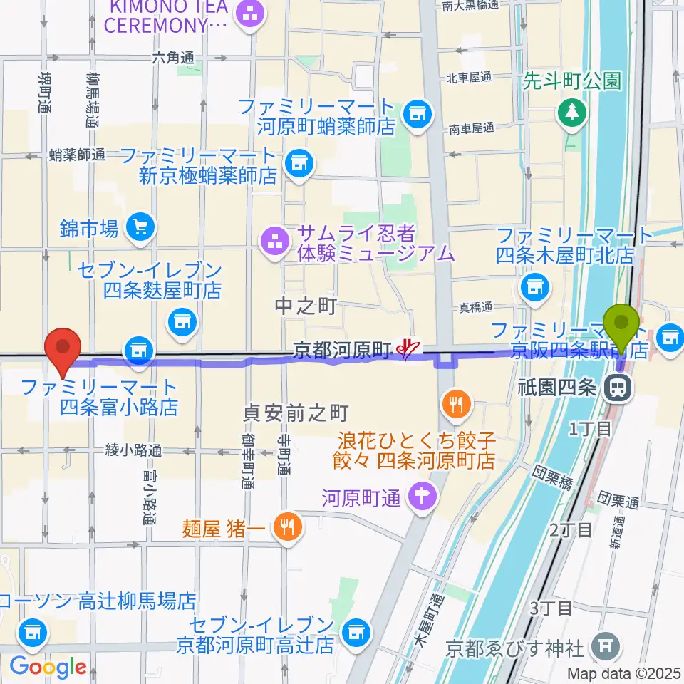 祇園四条駅からNHK文化センター京都教室へのルートマップ地図