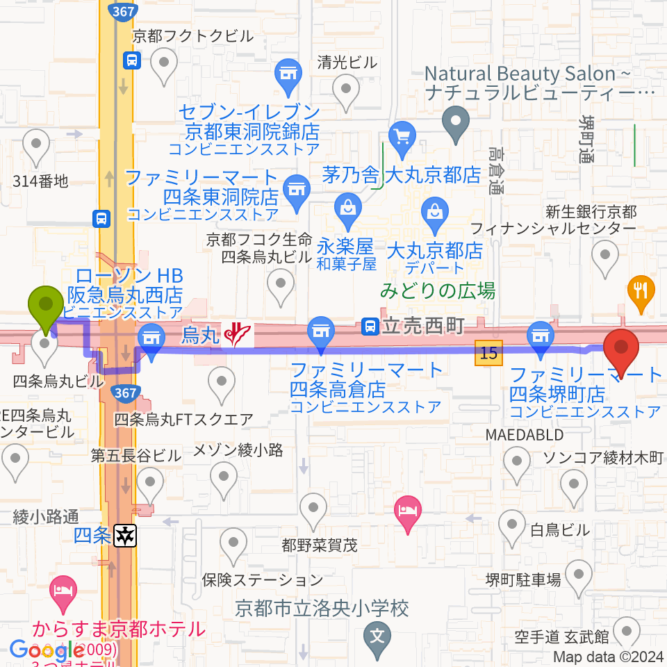 NHK文化センター京都教室の最寄駅烏丸駅からの徒歩ルート（約7分）地図