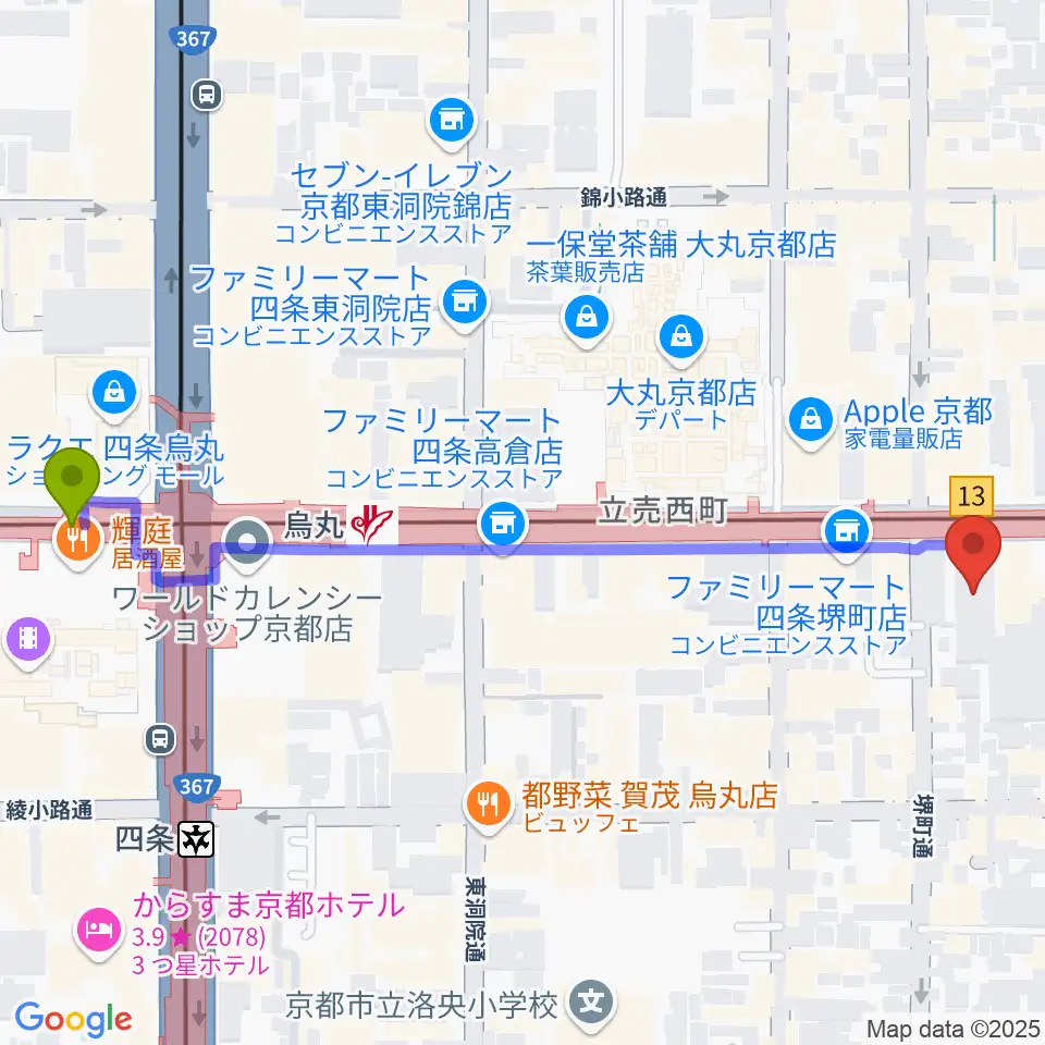 NHK文化センター京都教室の最寄駅烏丸駅からの徒歩ルート（約7分）地図