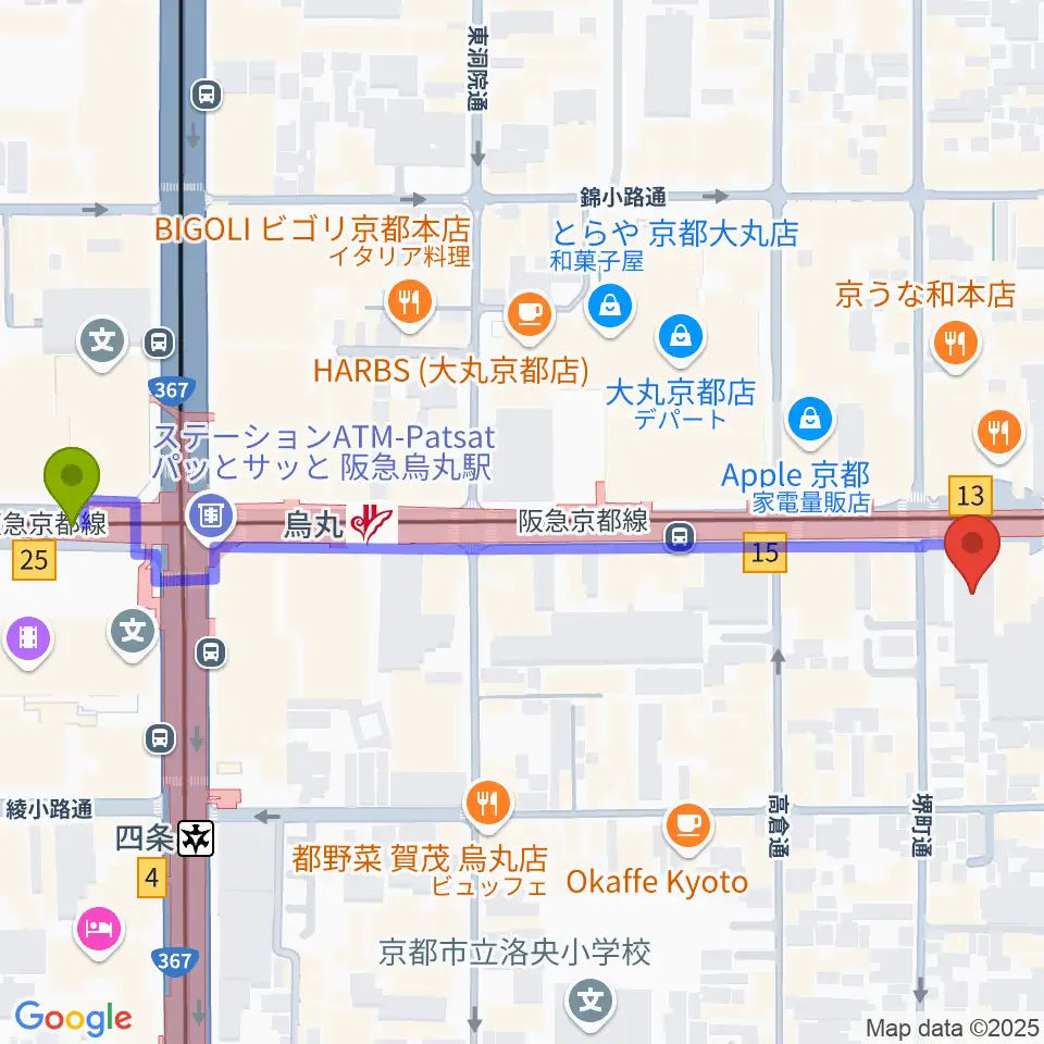NHK文化センター京都教室の最寄駅烏丸駅からの徒歩ルート（約7分）地図