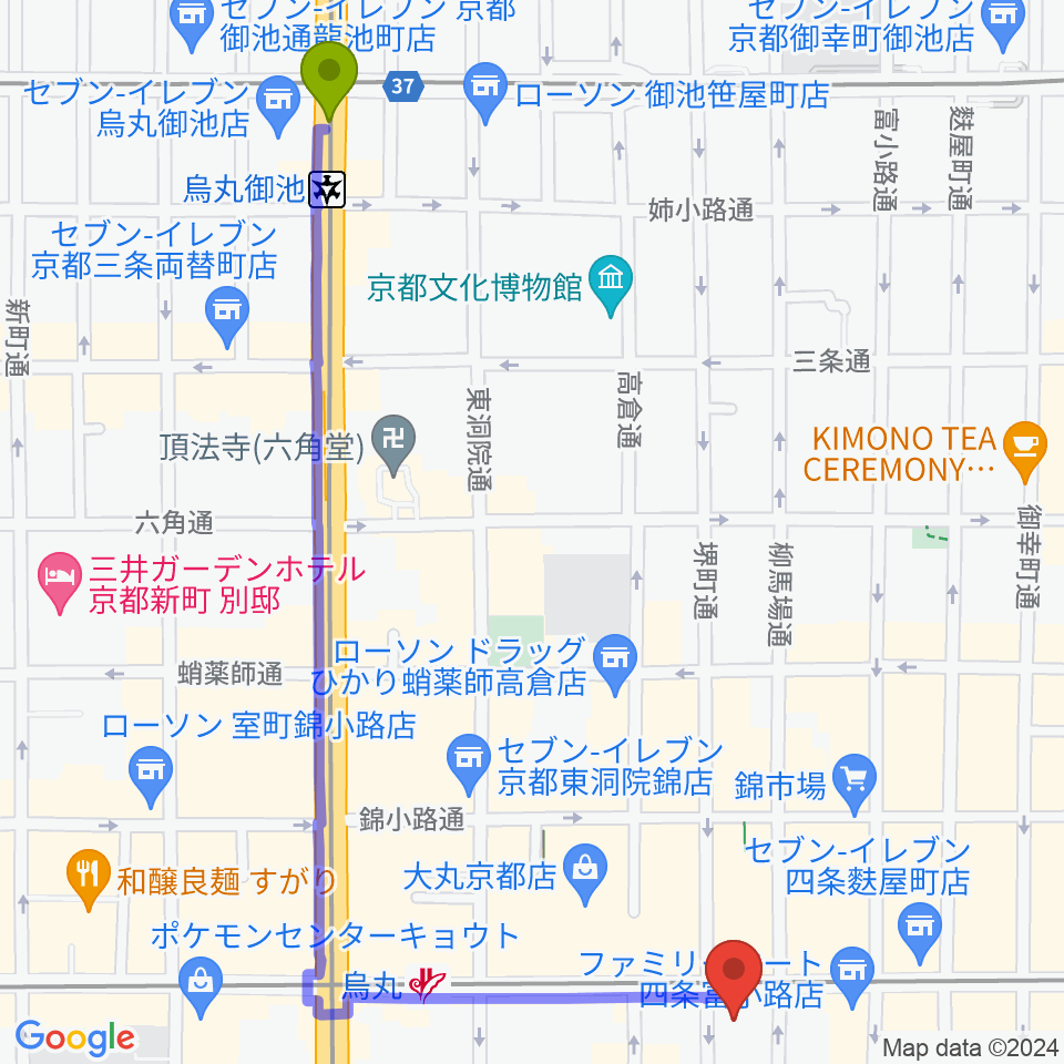 烏丸御池駅からNHK文化センター京都教室へのルートマップ地図