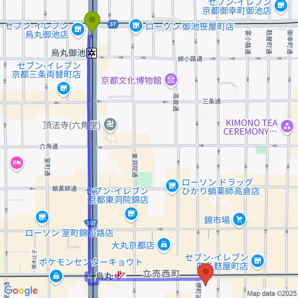 烏丸御池駅からNHK文化センター京都教室へのルートマップ地図