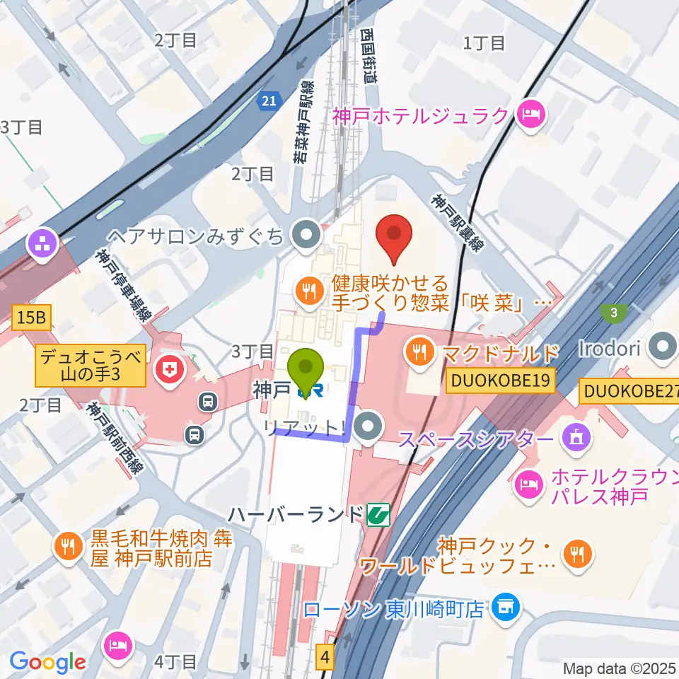NHK文化センター神戸教室の最寄駅神戸駅からの徒歩ルート（約2分）地図