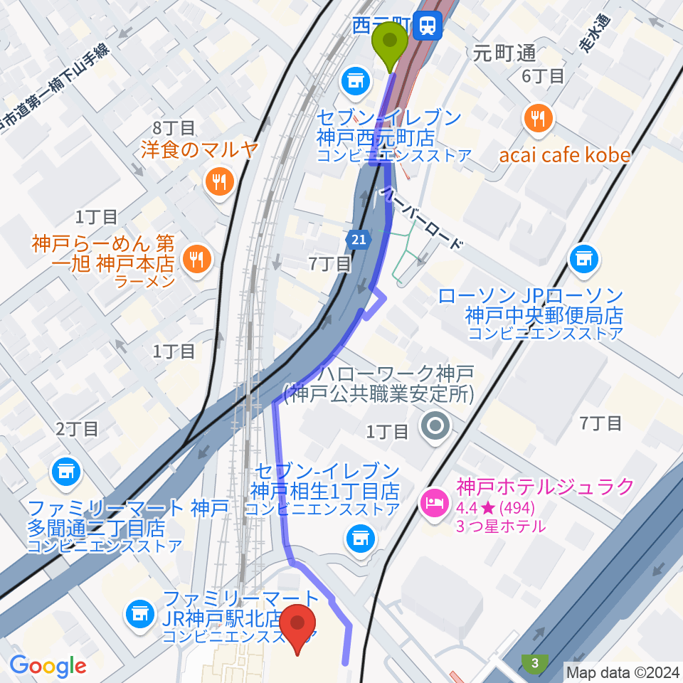 西元町駅からNHK文化センター神戸教室へのルートマップ地図