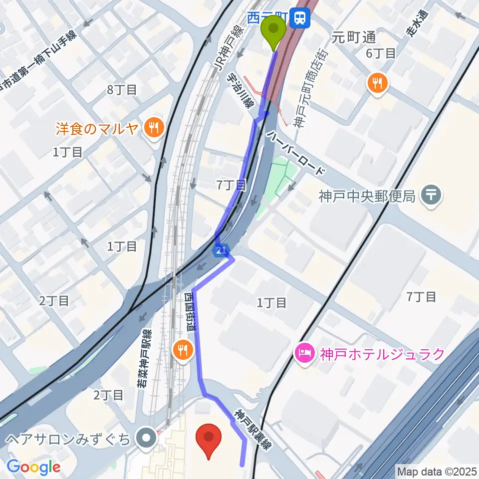西元町駅からNHK文化センター神戸教室へのルートマップ地図