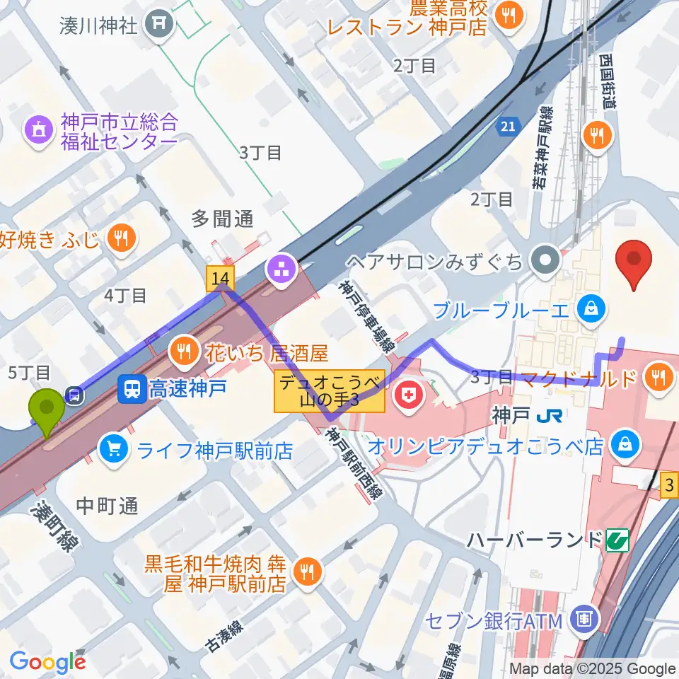 高速神戸駅からNHK文化センター神戸教室へのルートマップ地図
