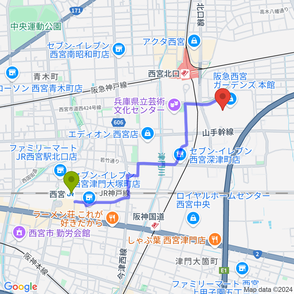 西宮駅からNHK文化センター西宮ガーデンズ教室へのルートマップ地図