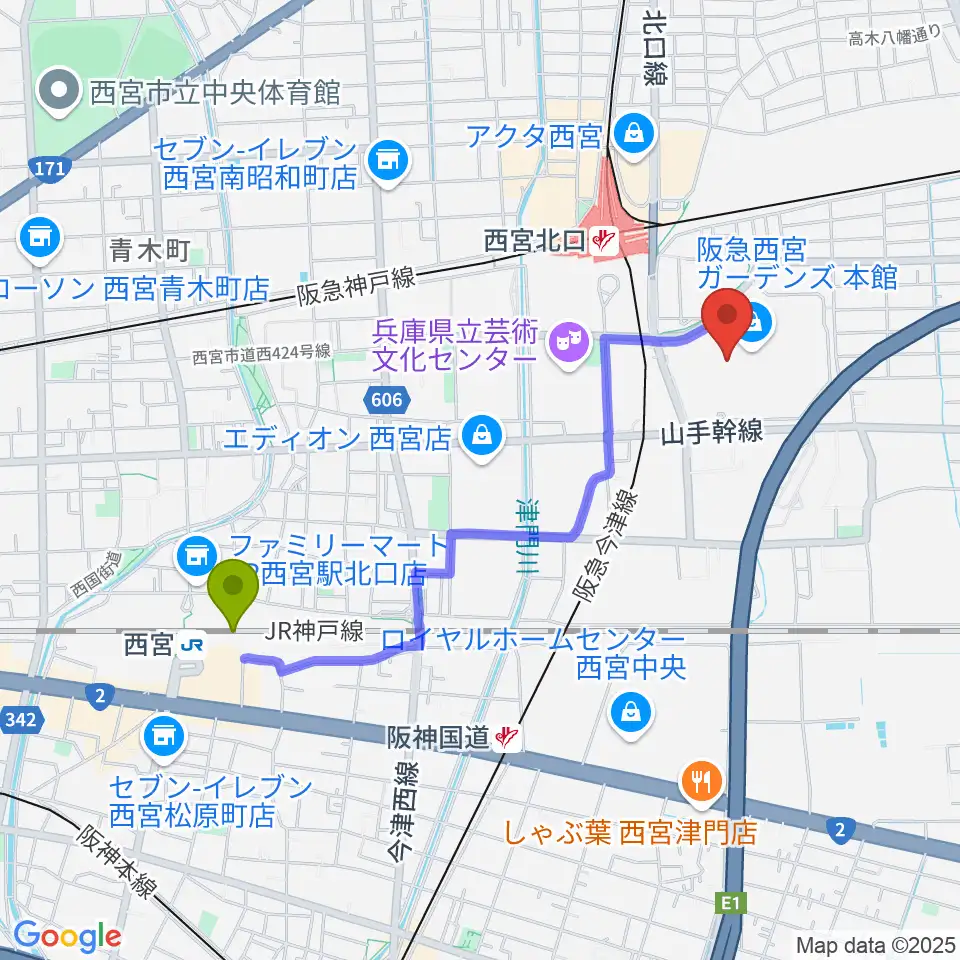 西宮駅からNHK文化センター西宮ガーデンズ教室へのルートマップ地図