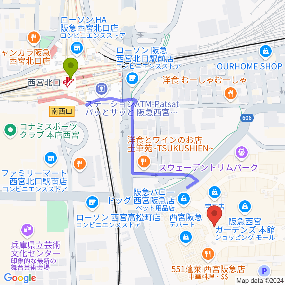 NHK文化センター西宮ガーデンズ教室の最寄駅西宮北口駅からの徒歩ルート（約6分）地図