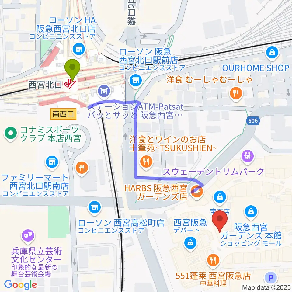 NHK文化センター西宮ガーデンズ教室の最寄駅西宮北口駅からの徒歩ルート（約6分）地図