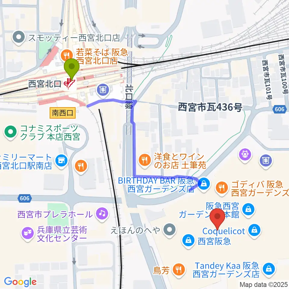 NHK文化センター西宮ガーデンズ教室の最寄駅西宮北口駅からの徒歩ルート（約6分）地図