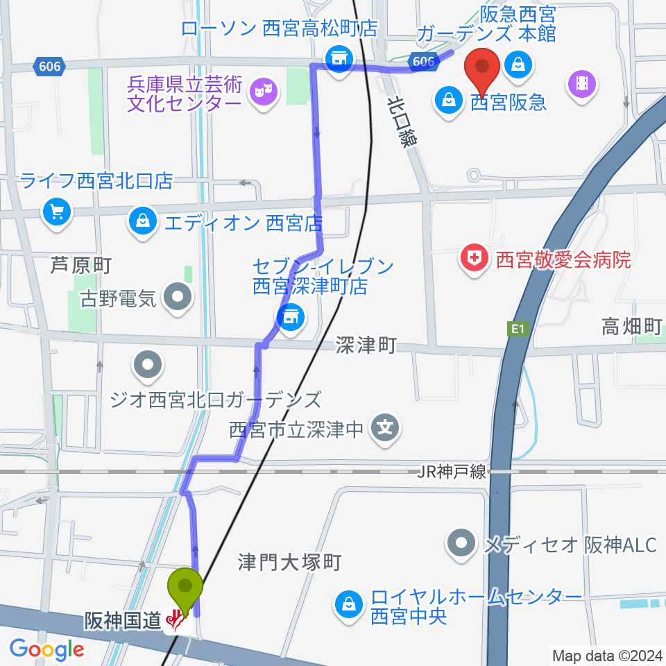 阪神国道駅からNHK文化センター西宮ガーデンズ教室へのルートマップ地図