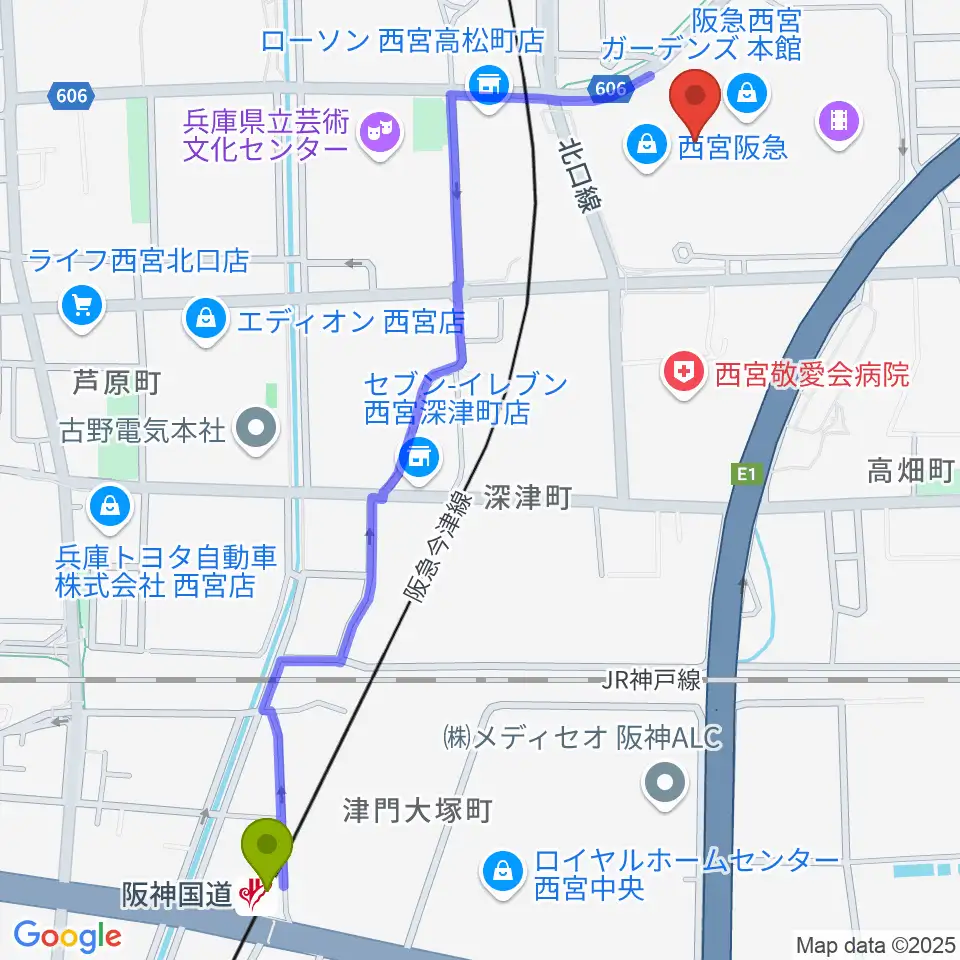 阪神国道駅からNHK文化センター西宮ガーデンズ教室へのルートマップ地図