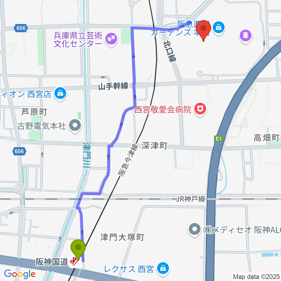 阪神国道駅からNHK文化センター西宮ガーデンズ教室へのルートマップ地図