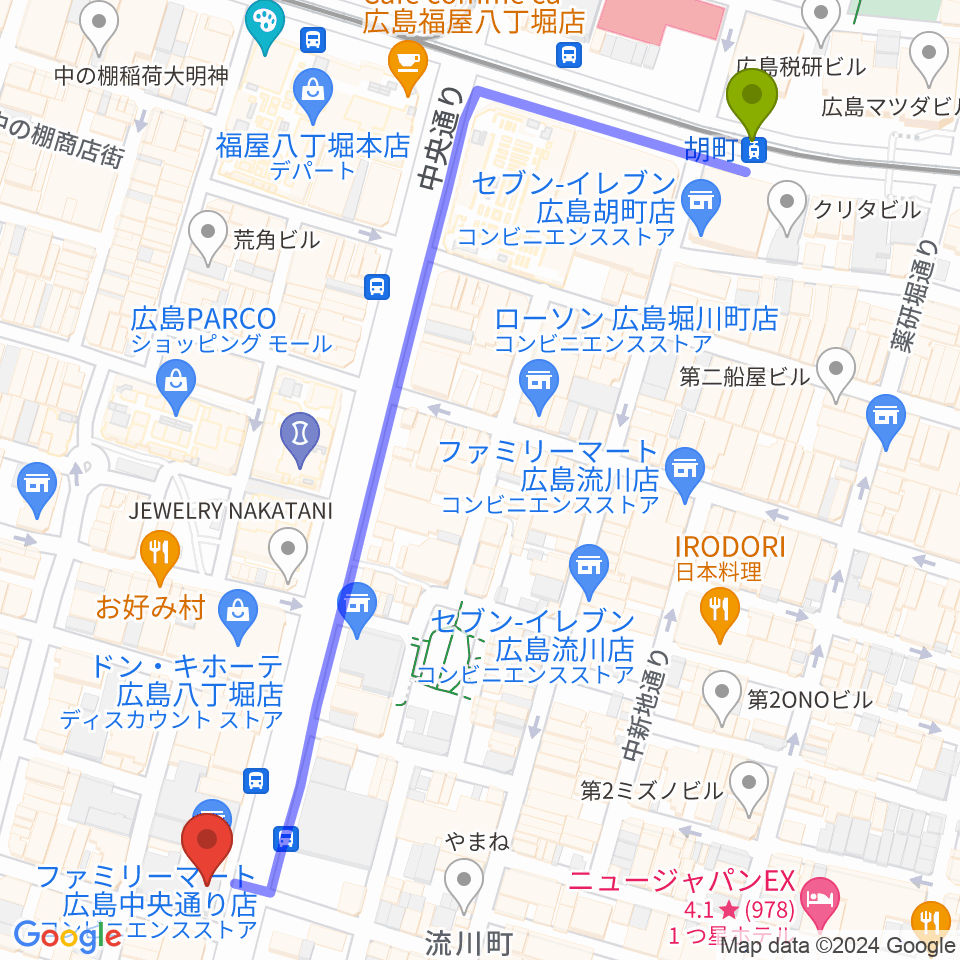 胡町駅からNHK文化センター 広島教室へのルートマップ地図