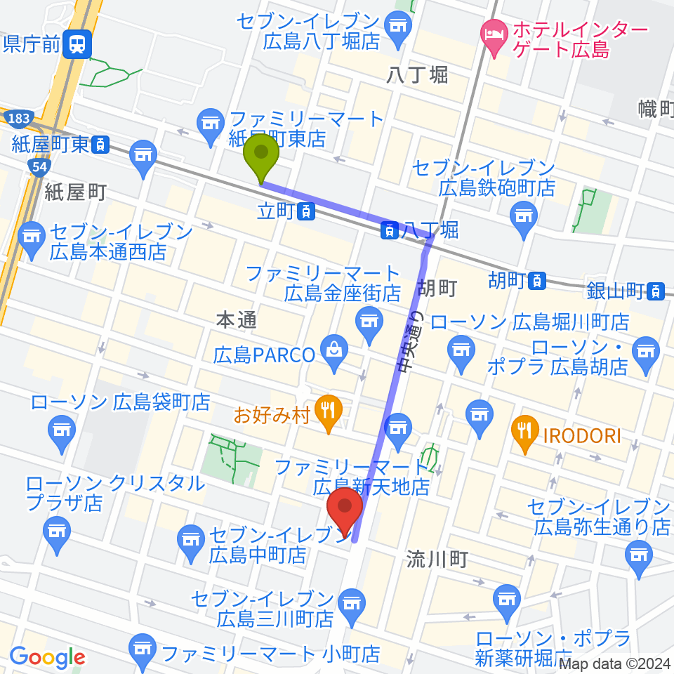 立町駅からNHK文化センター 広島教室へのルートマップ地図