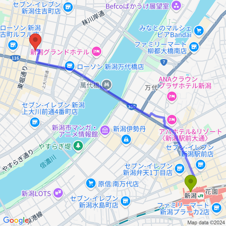 だいしほくえつホールの最寄駅新潟駅からの徒歩ルート（約28分）地図