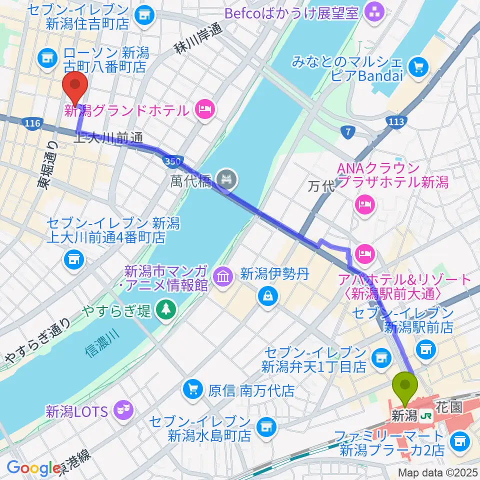 だいしほくえつホールの最寄駅新潟駅からの徒歩ルート（約28分）地図