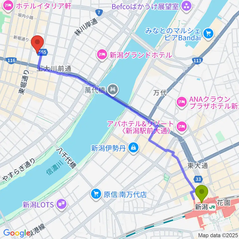 だいしほくえつホールの最寄駅新潟駅からの徒歩ルート（約28分）地図