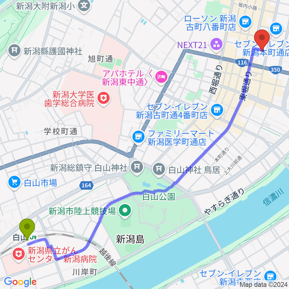 白山駅からだいしほくえつホールへのルートマップ地図