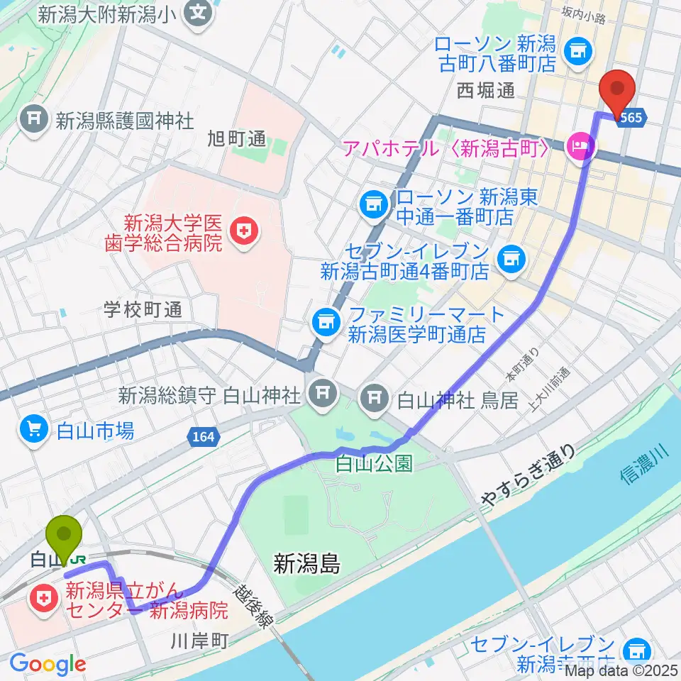 白山駅からだいしほくえつホールへのルートマップ地図