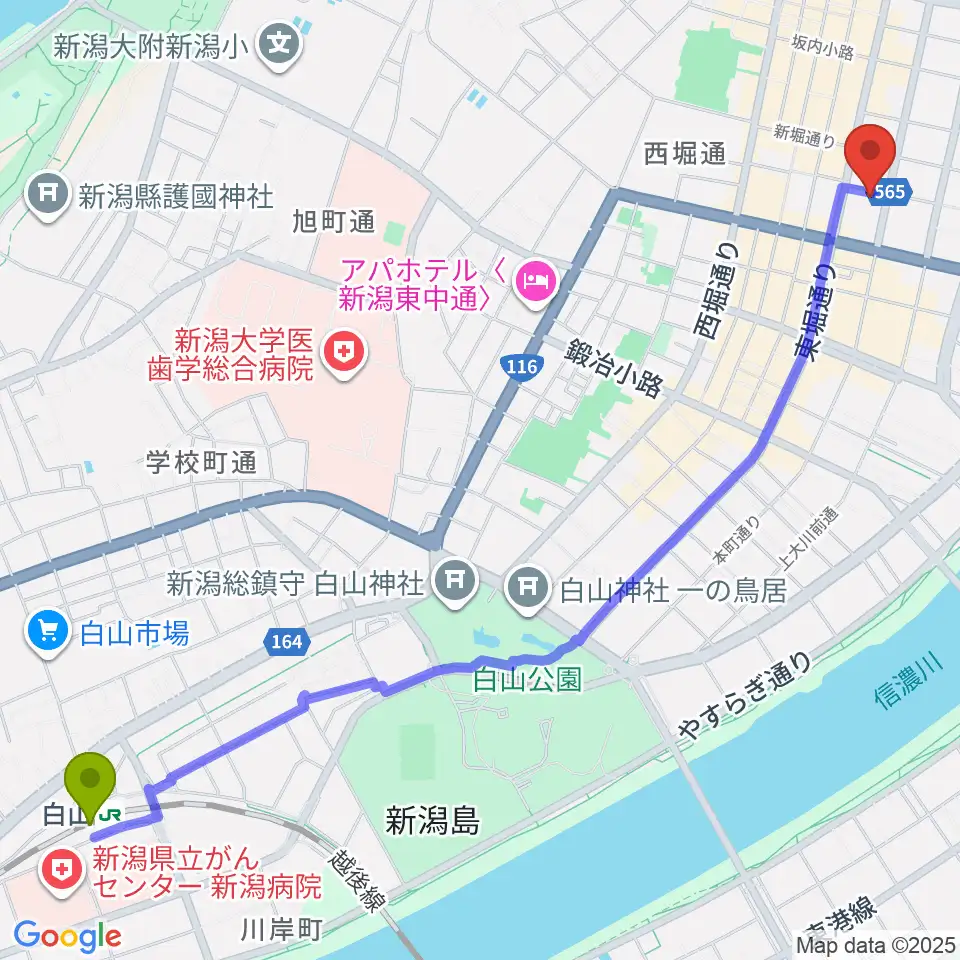白山駅からだいしほくえつホールへのルートマップ地図