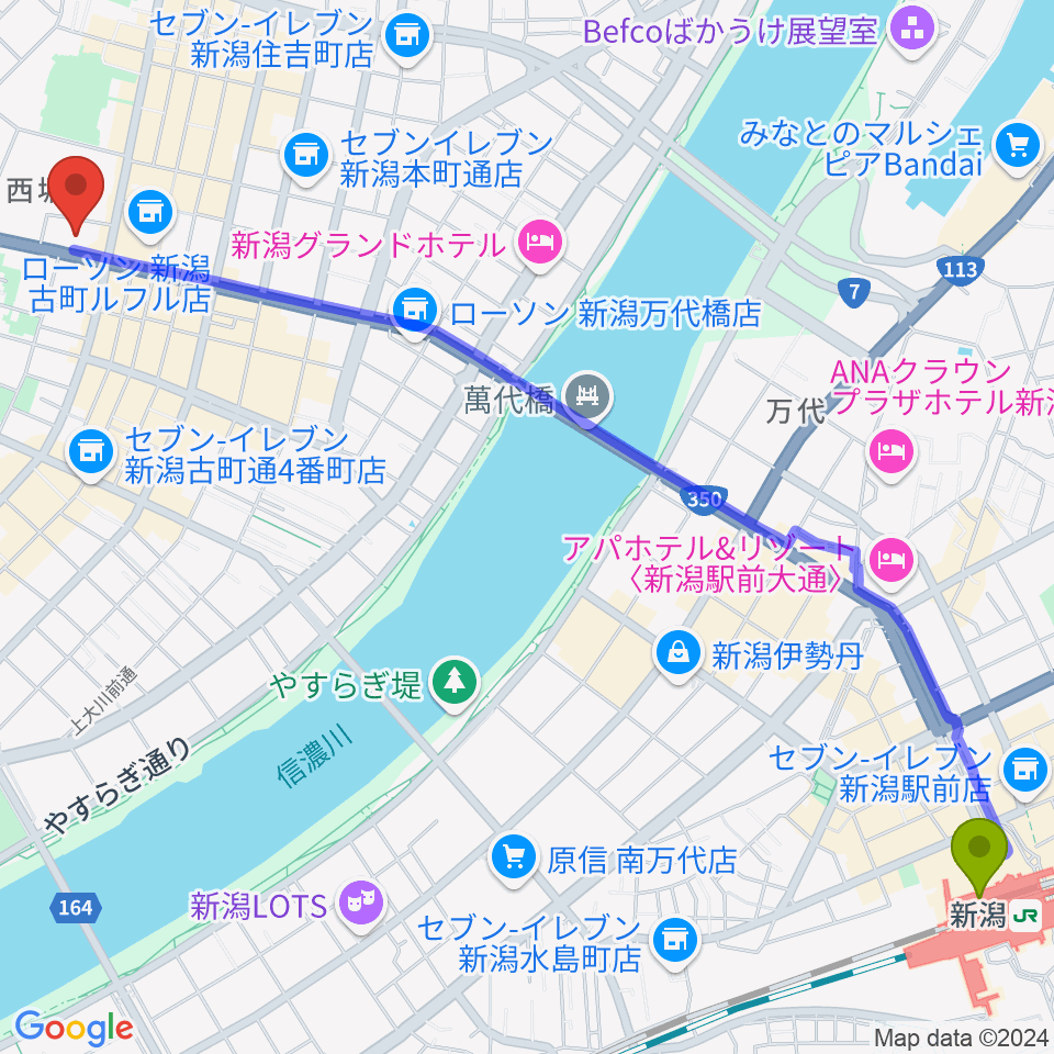 新潟駅から新潟市民プラザへのルートマップ地図