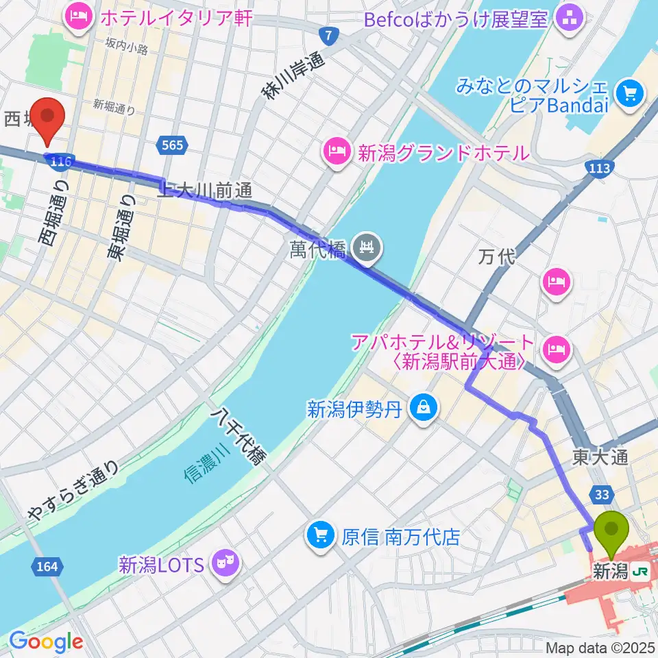 新潟駅から新潟市民プラザへのルートマップ地図