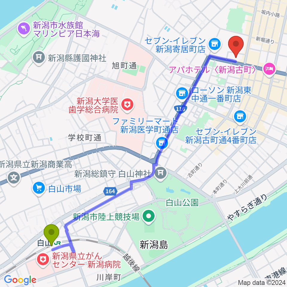 新潟市民プラザの最寄駅白山駅からの徒歩ルート（約28分）地図