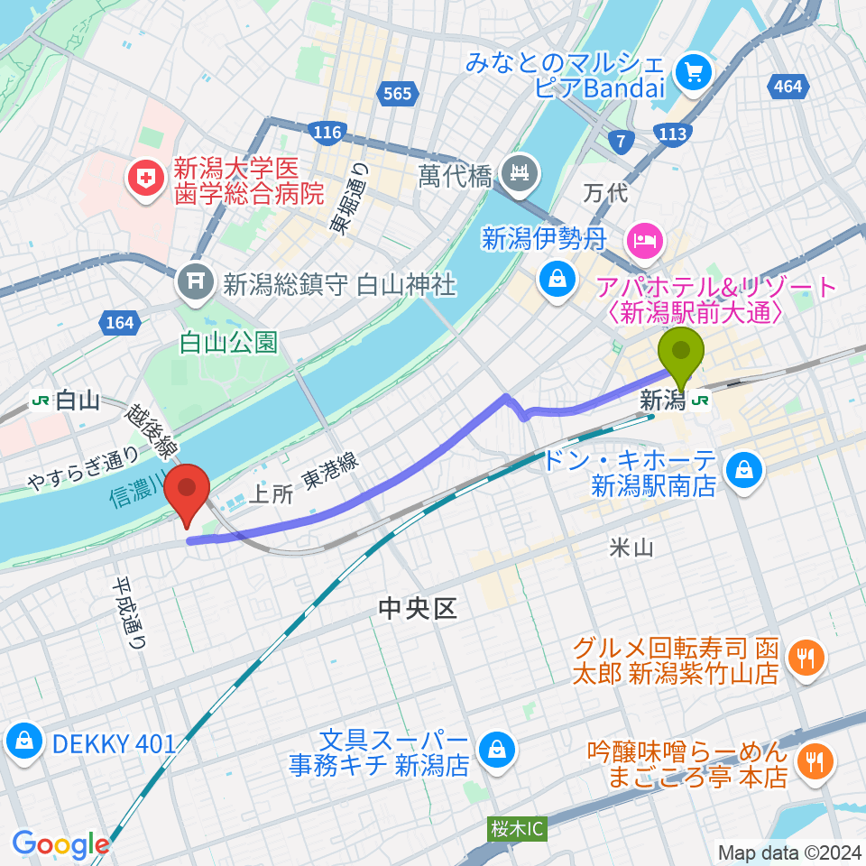 新潟駅から新潟ユニゾンプラザへのルートマップ地図